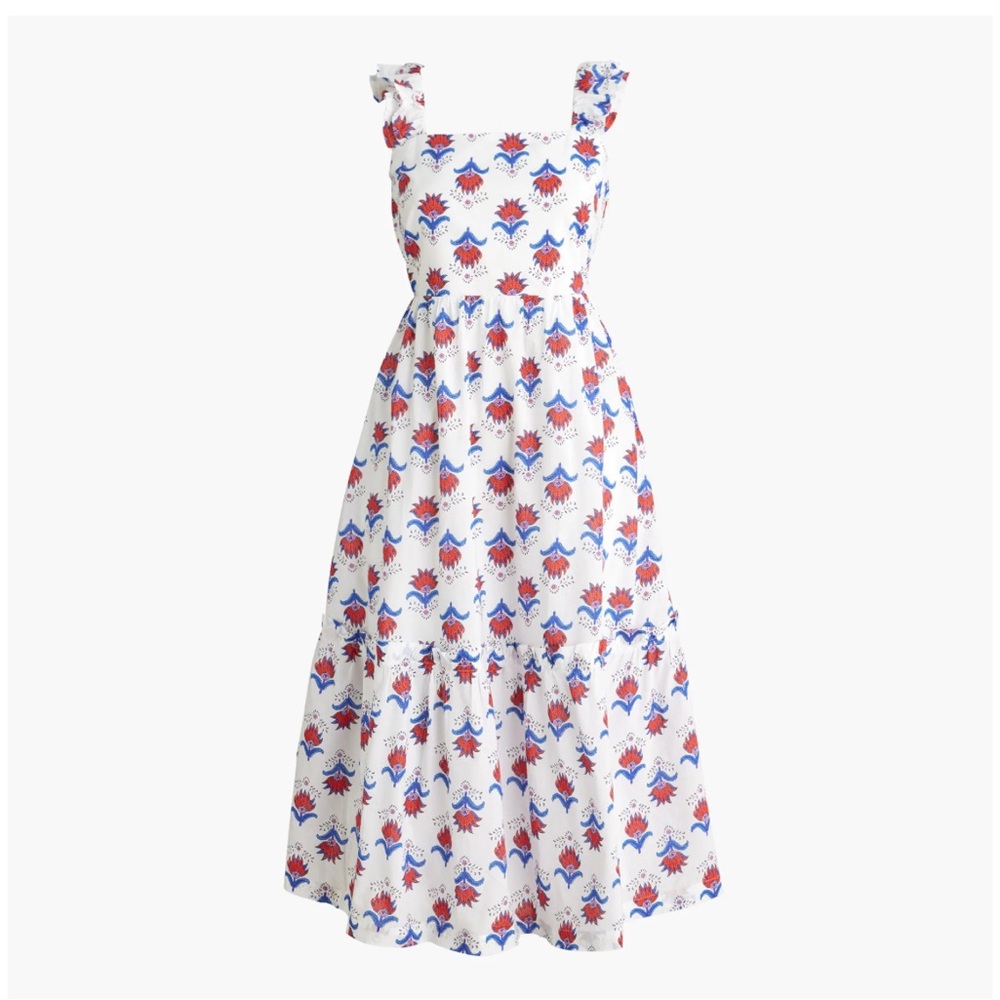 J. CREW Block Print Square Neck Tiered Midi Dress White Pink Floral Size 8P